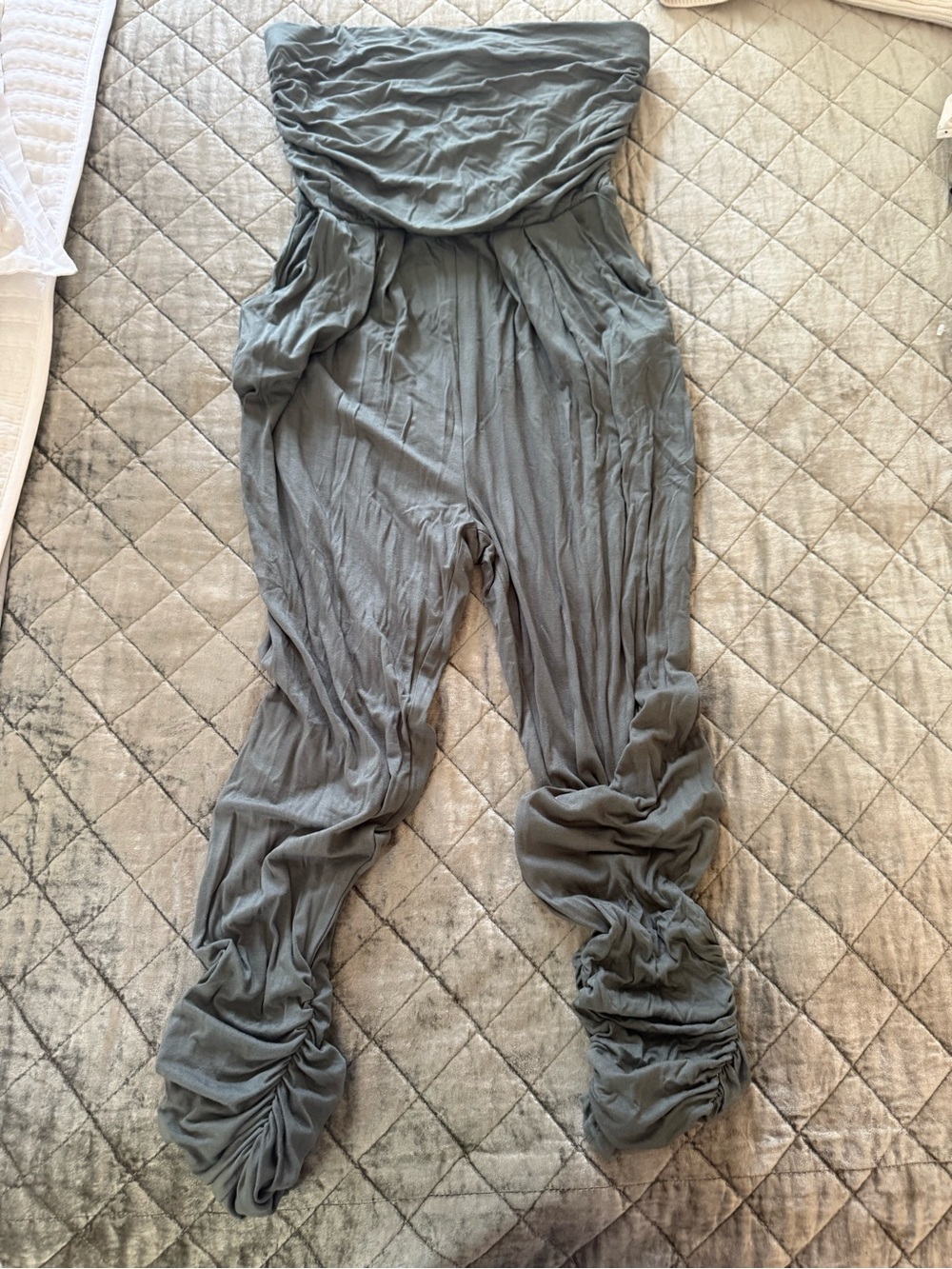 Altar'd State Olive Gray Strapless Harem Jumpsuit